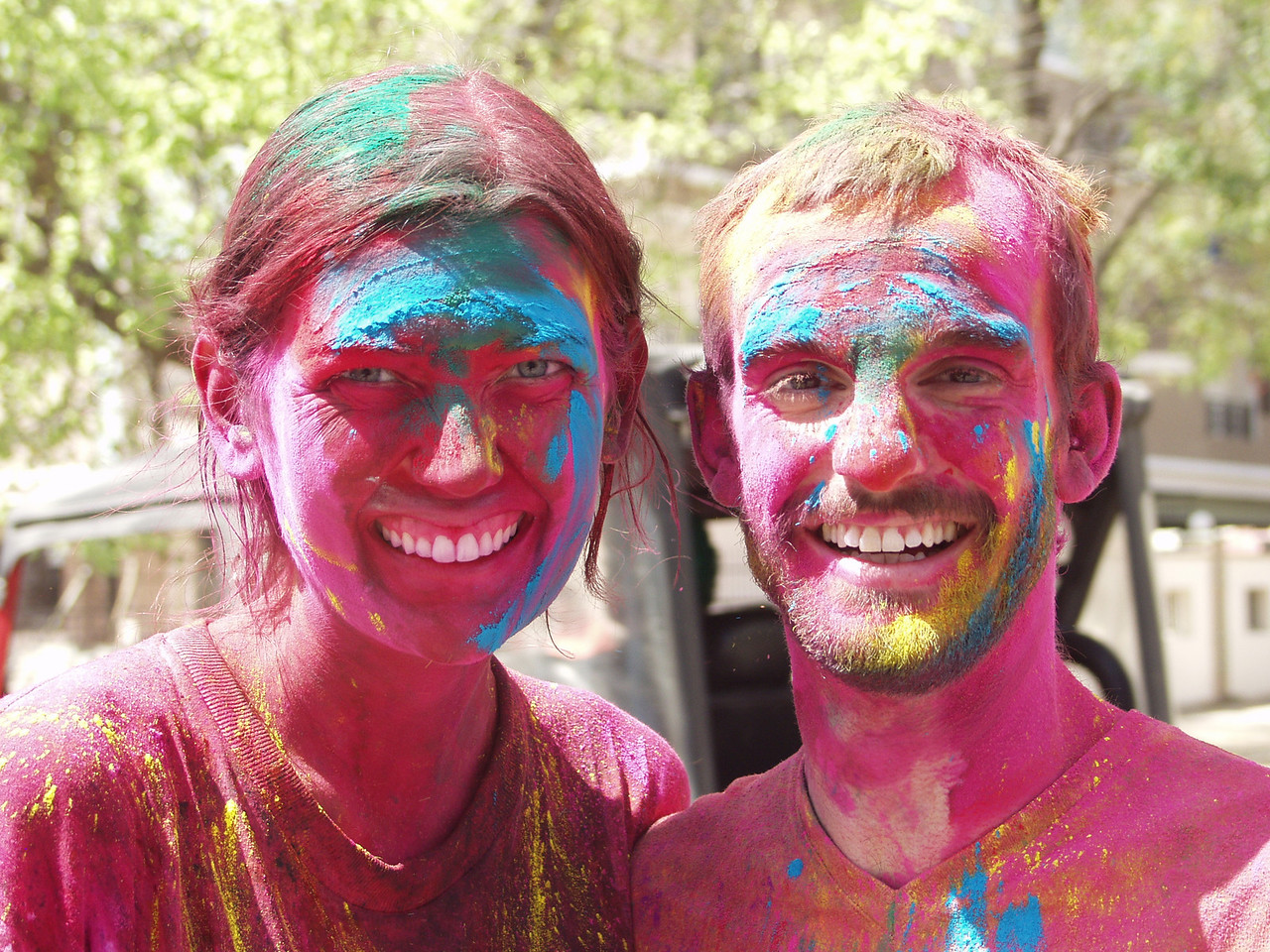 Me and Jordi during the Holi festival in india—he walked with me since I was traveling solo