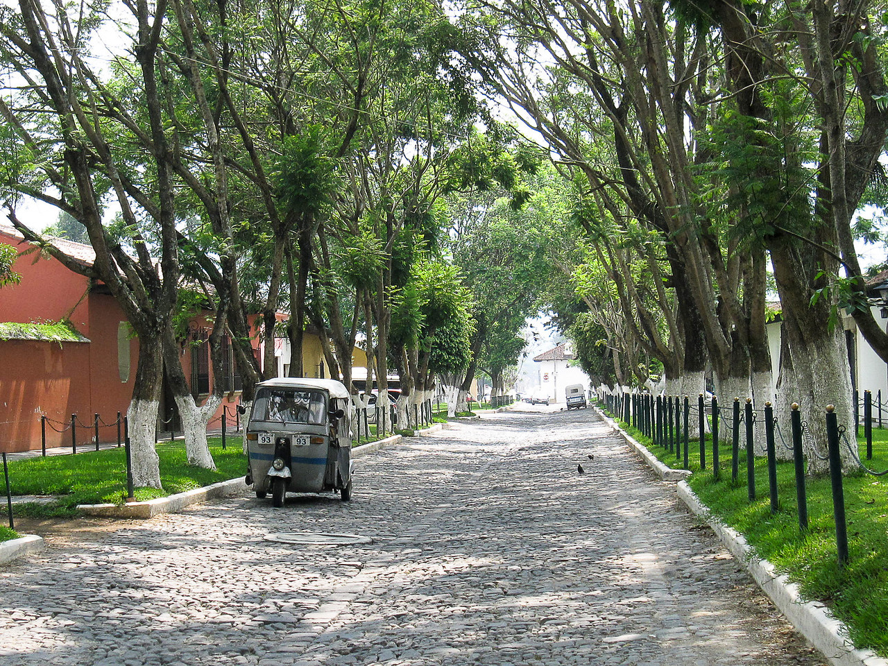 wide shady stretch of safe streets in antigua guatemala.