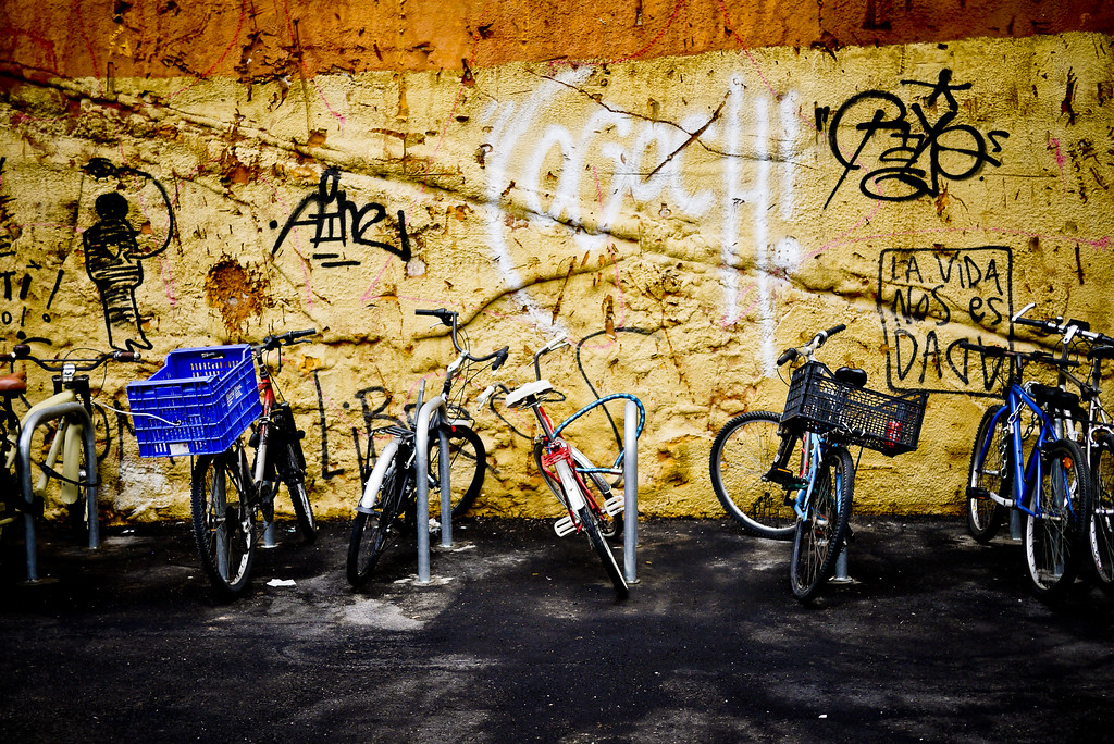 Graffiti and bicycles in the Old Town area of Barcelona, Spain.