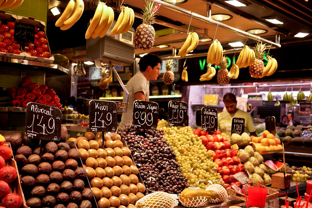 Fresh fruits in Barcelona, Spain at la Boqueria market.