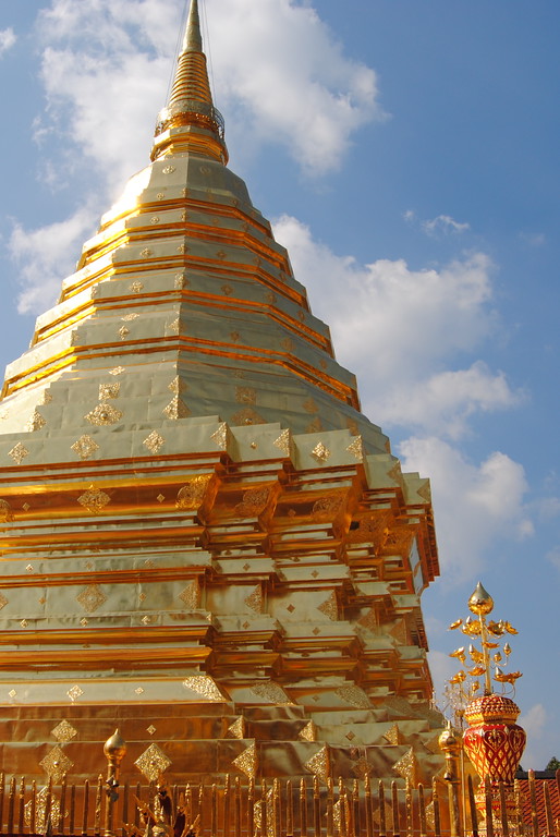 The prominent gold chedi at the temple at the top of Doi Suthep in Chiang Mai, Thailand