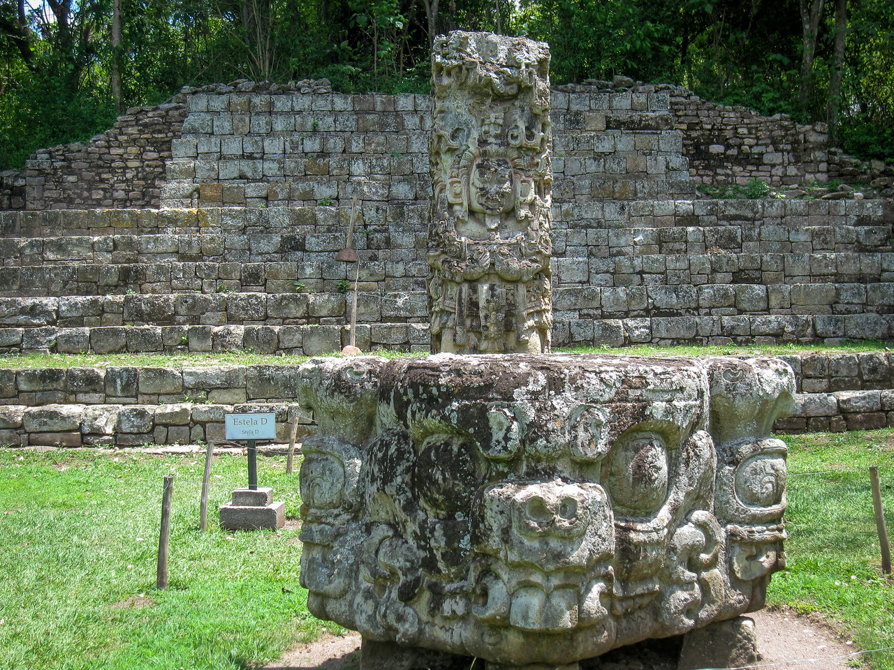 A stack of intricate Maya carvings at the Copan ruins
