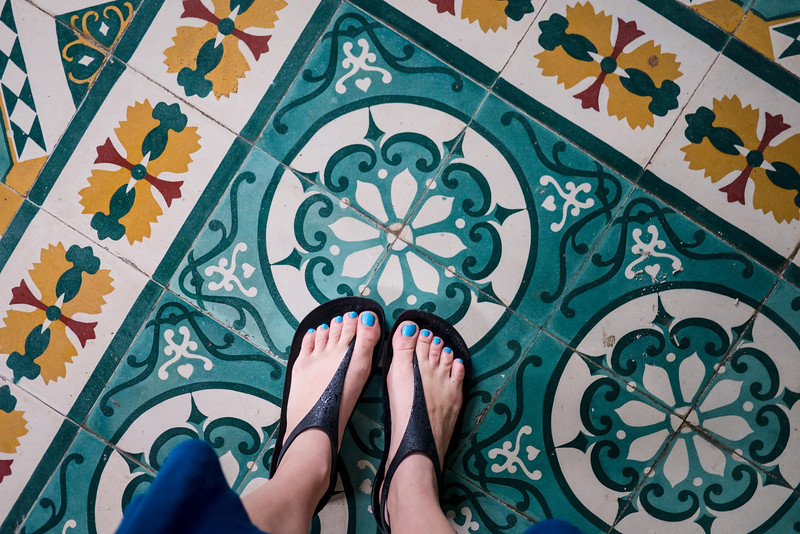 geometric floor tiles in the temple in Hoi An