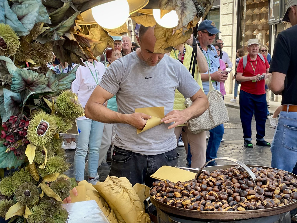 fresh roasted chestnuts are for sale by the Spanish steps in Rome.