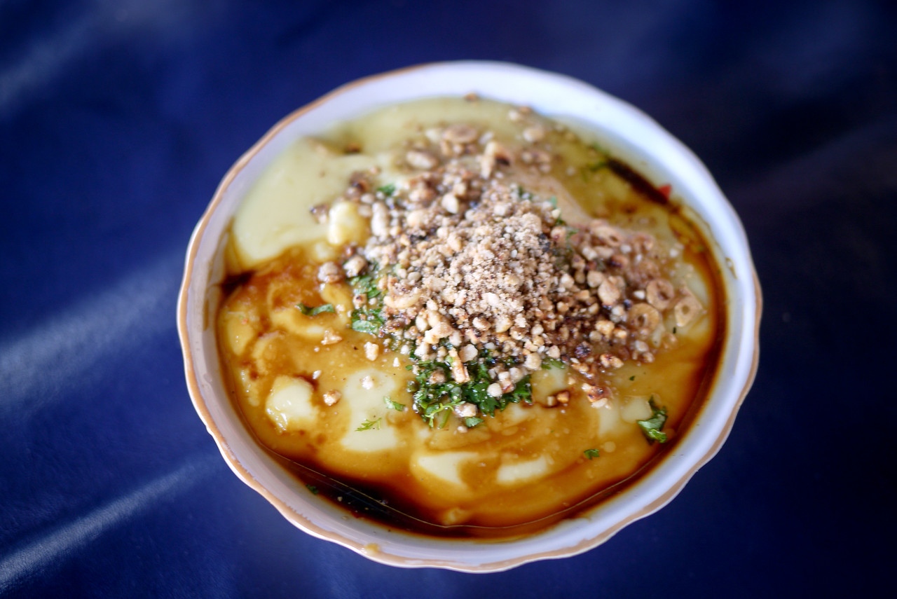 A bowl of tophu nway Shan soup in Myanmar.