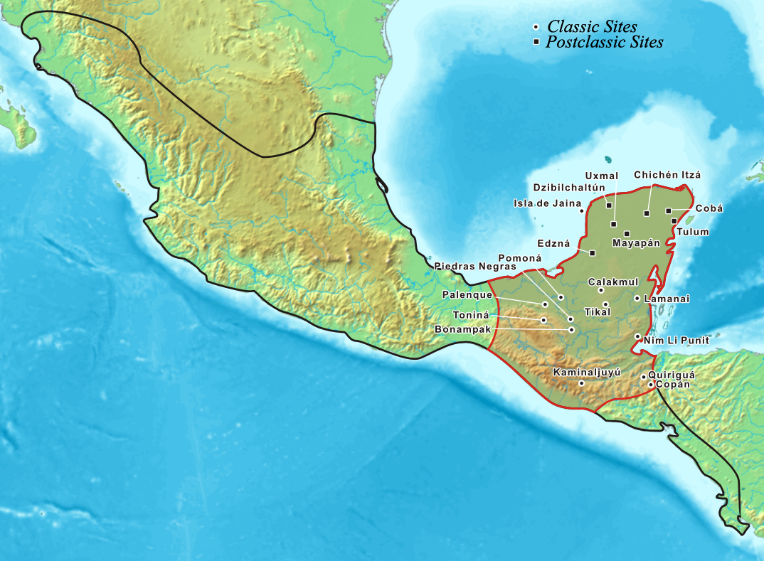 map of where Tikal is among the maya sites in Central America