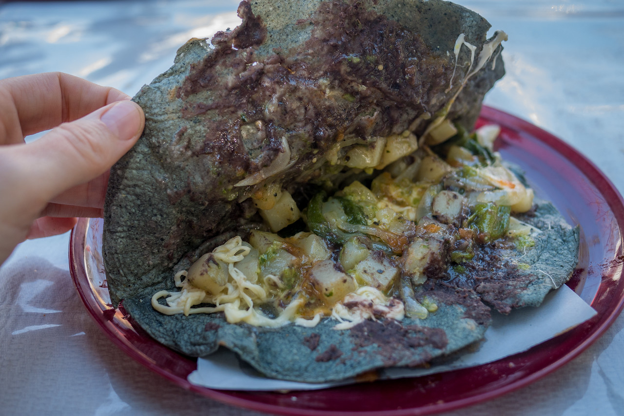 blue corn tortilla vegetarian street food in Oaxaca 