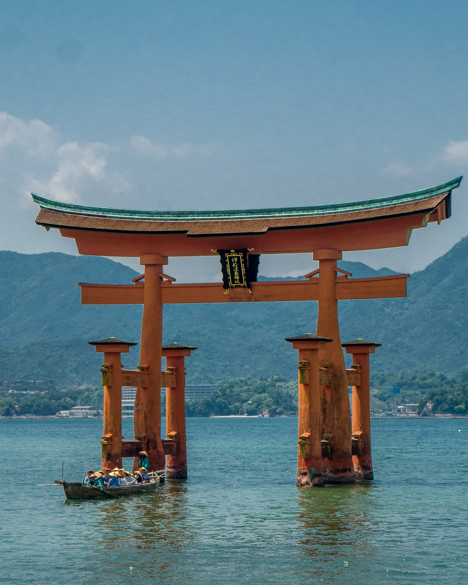 Itsukushima Shrine with the tide in floating