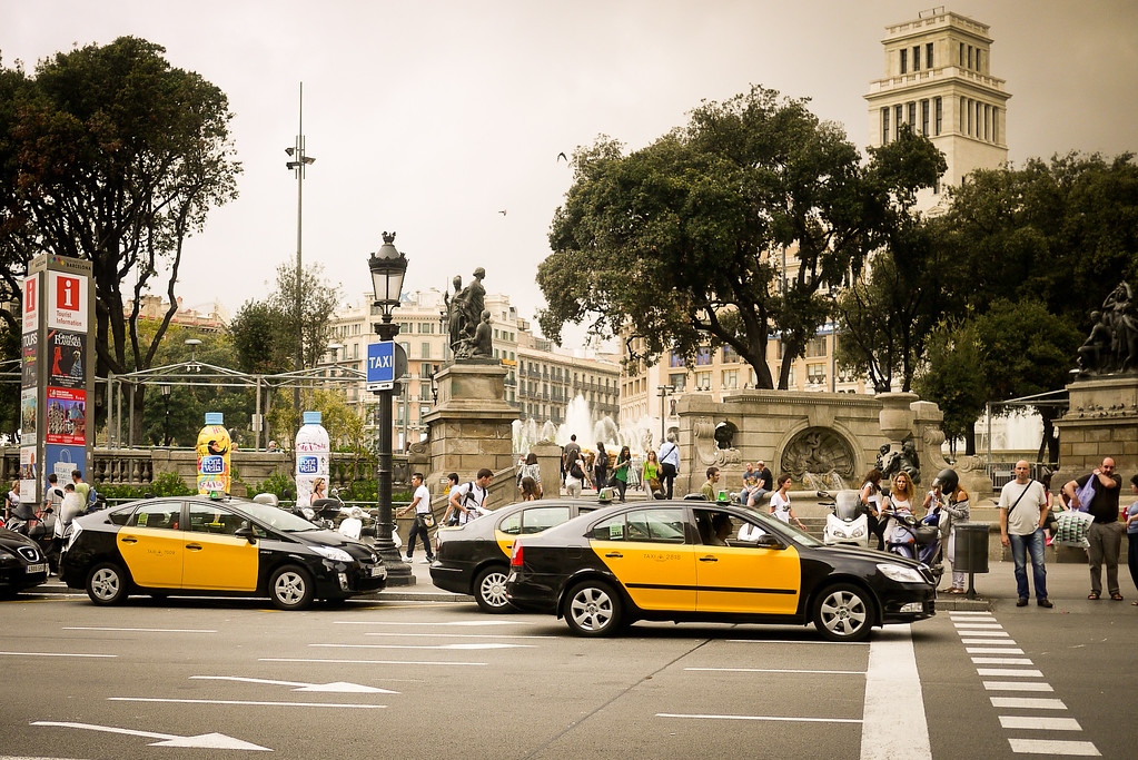 The incredibly busy streets surrounding the Placa Catalunya in Barcelona, Spain.