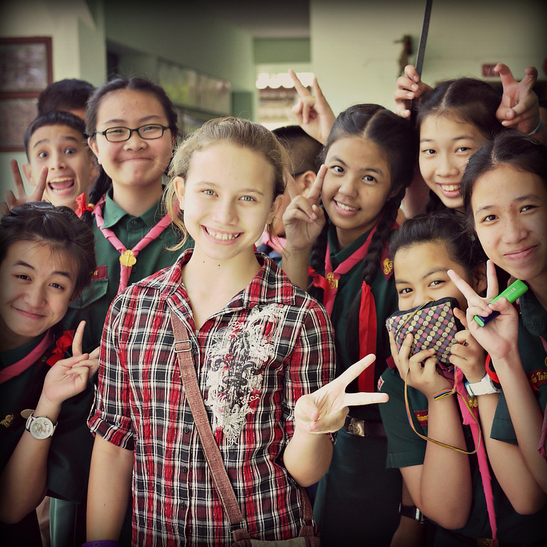 Ana with some Thai students excited to meet her in Chiang Mai, Thailand.