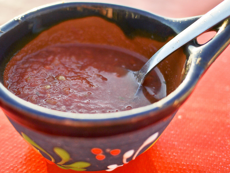 A pretty pot of medium spicy salsa in Mexico.