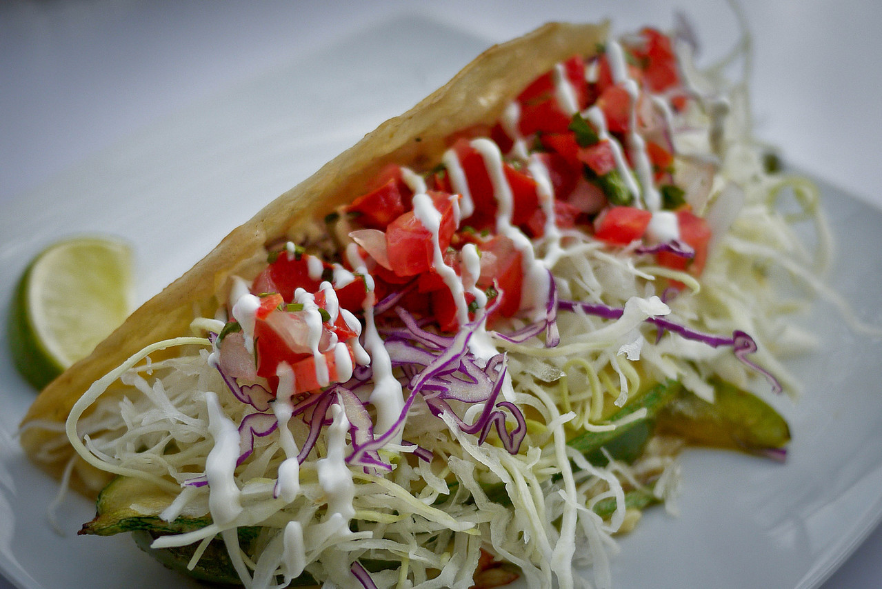 Close up of a taco from Baja Takeria in San Pancho, Mexico.