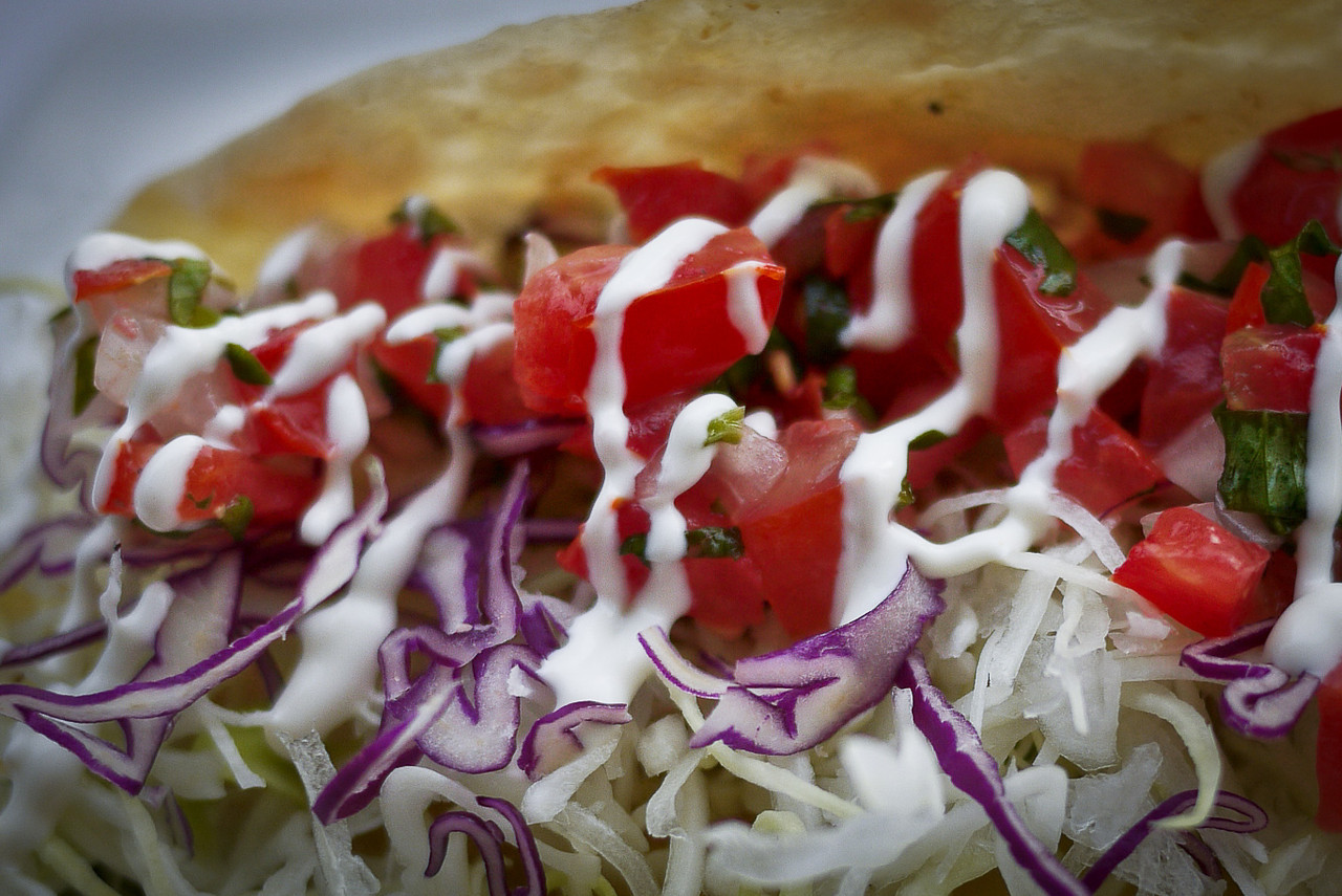 Close up of a taco from Baja Takeria in San Pancho, Mexico.