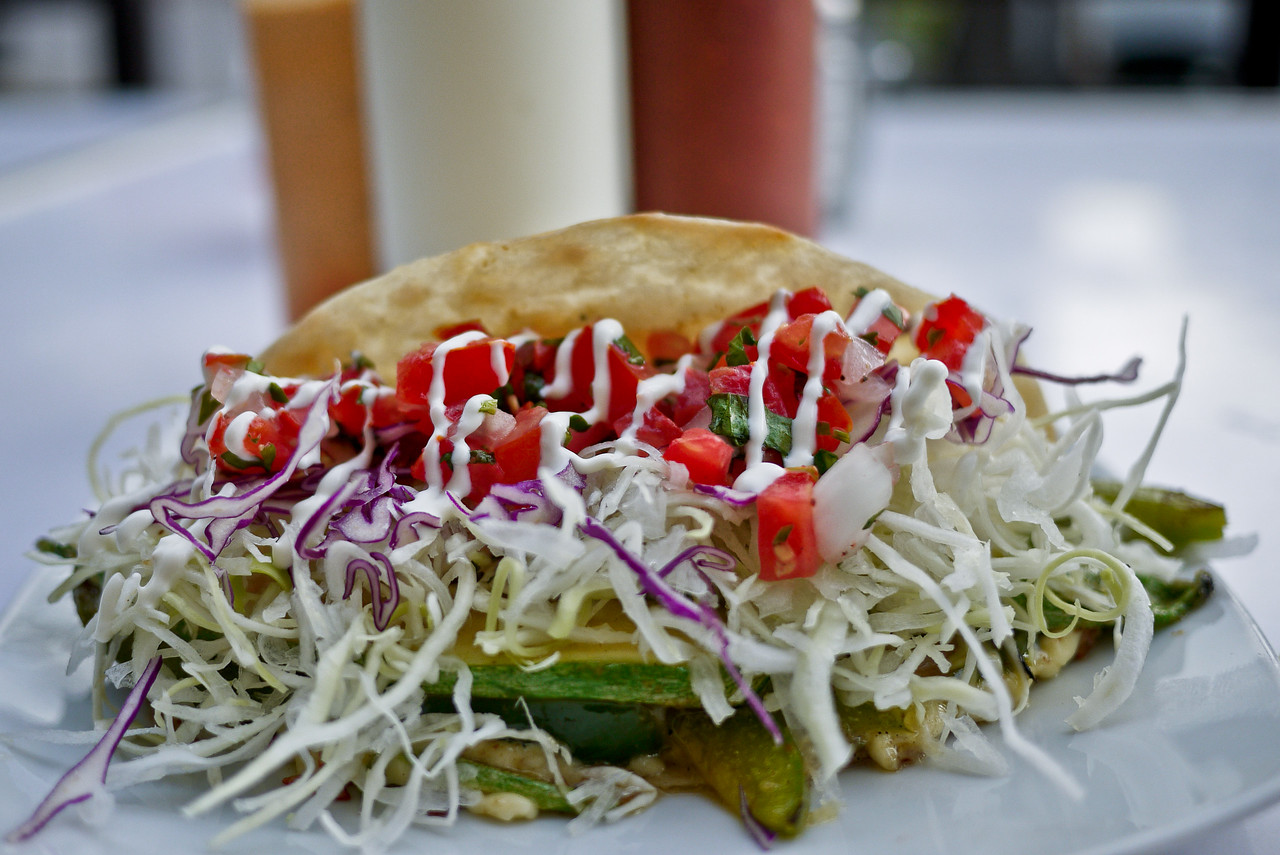 gorgeous fresh vegetarian taco and sauces at Baja Takeria