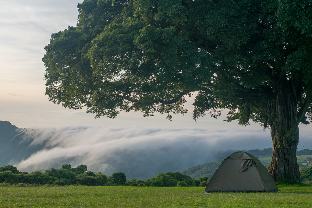 Clouds pouring over the Ngorongoro Crater rim at sunrise on a Tanzania safari