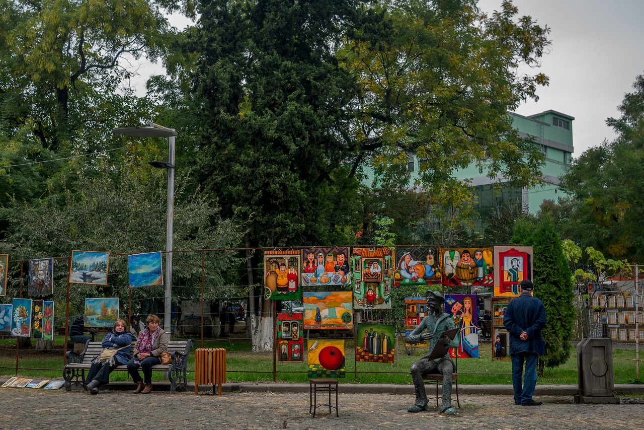 tbilisi on a cold fall day at a park with art showcased