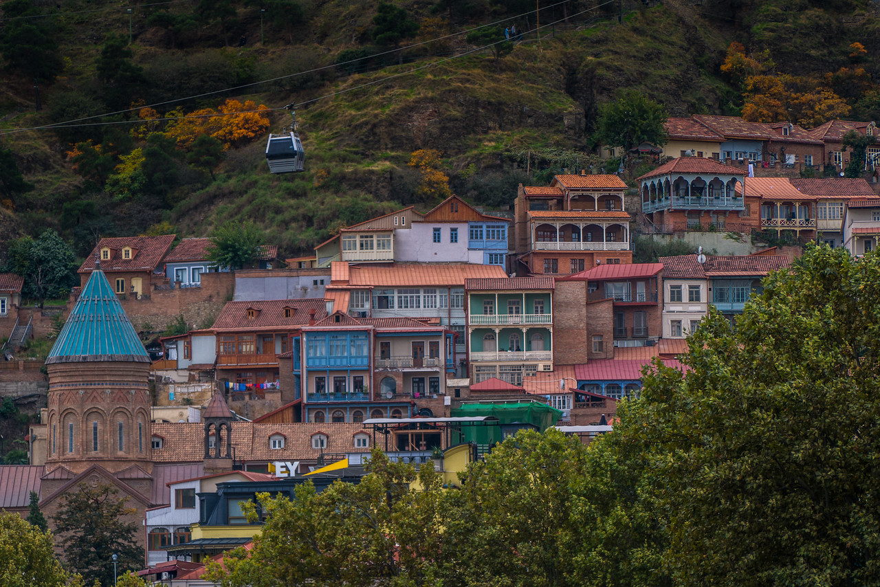 View of Old Town Tbilisi and the ride up to the Narikala Fortress.