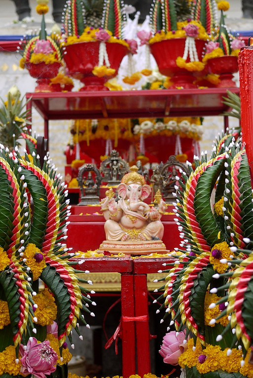 Ganesh decorated and honored at a festival in the Three Kings square in Chiang Mai, Thailand.