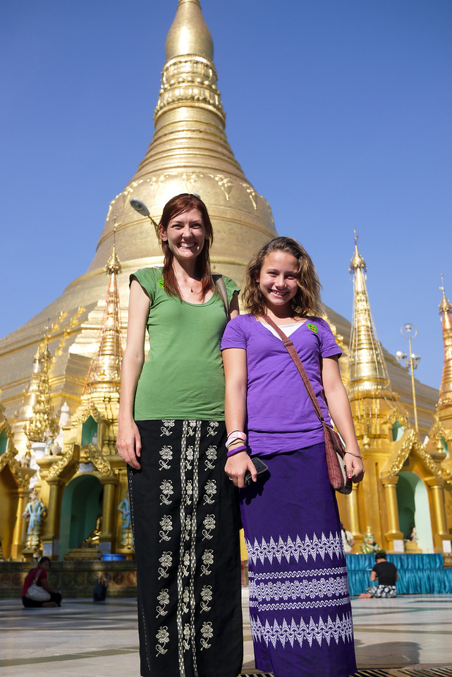 my niece and i wore longyi at Shwedagon Pagoda in myanmar
