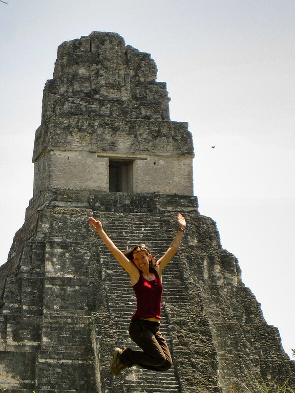 Jumping for joy in front of Jaguar Temple (Temple I).