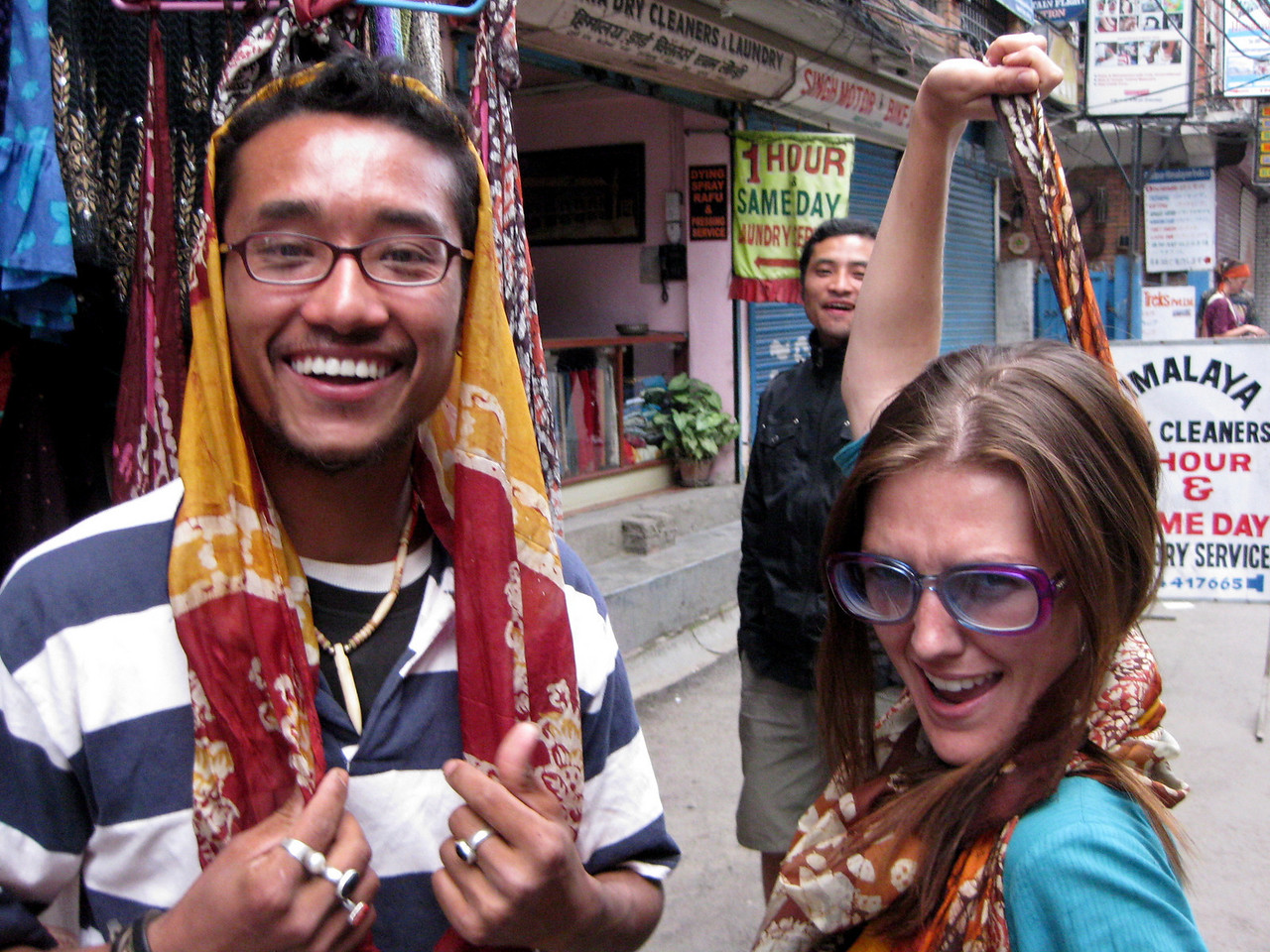 I'm goofing off in Thamel with a vendor—a favorite memory traveling in Kathmandu