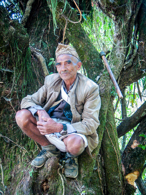 Old man resting in a tree on our trek